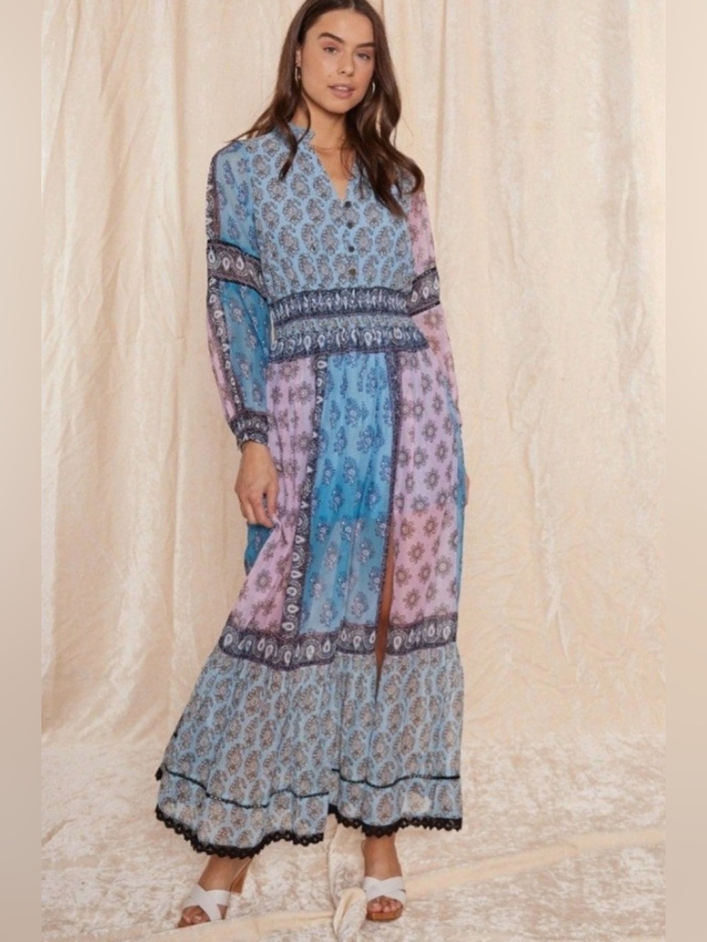 RAGA Anthropologie NWT Boho Patchwork Pastel Paisley Maxi Dress